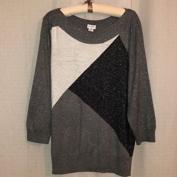 Jaclyn Smith XXL Metallic Lurex Gray White Black Color Block Boat Neck Sweater - Picture 1 of 11